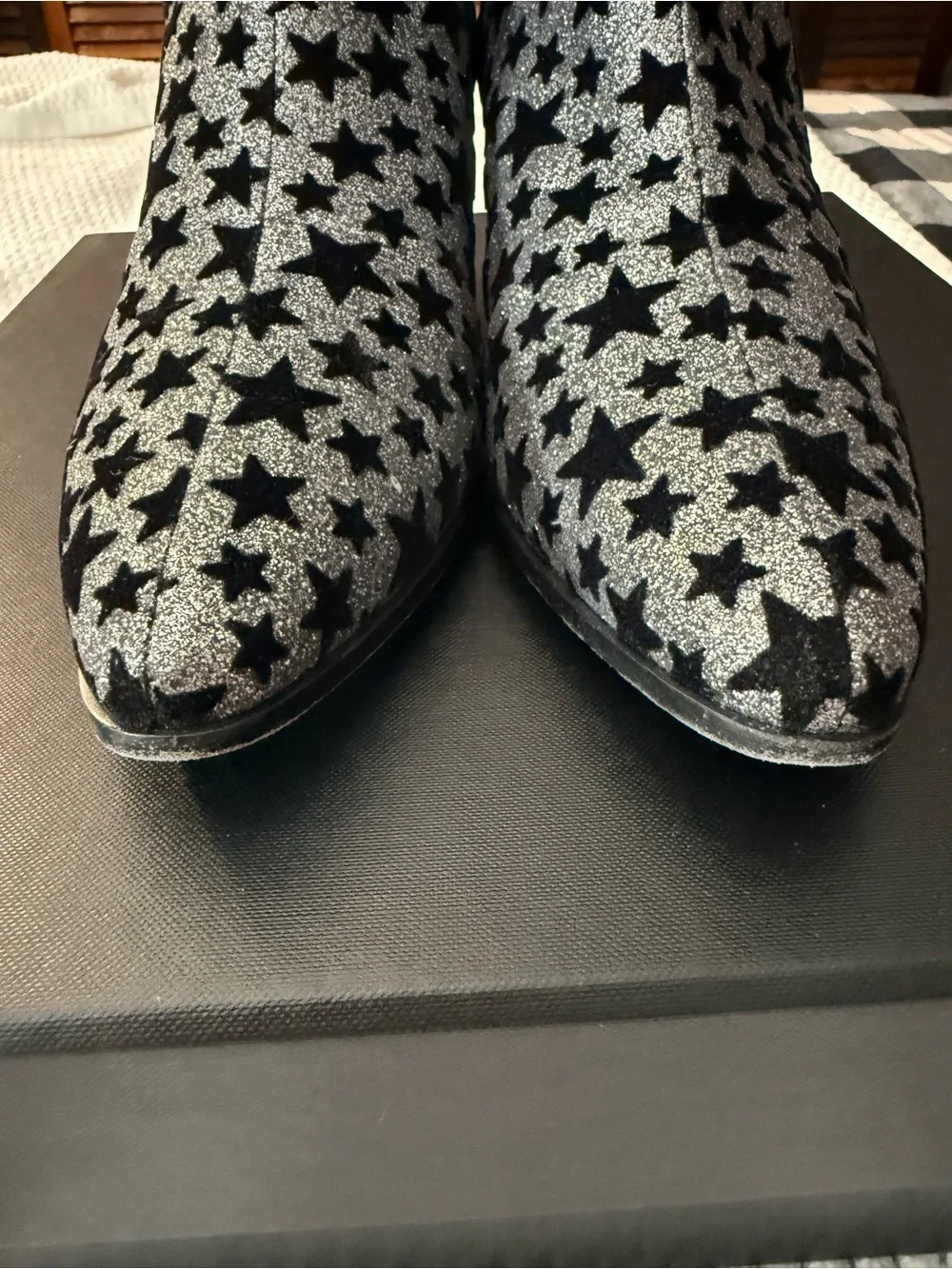 Yves Saint Laurent Silver and Black Star-Print Ankle Boots